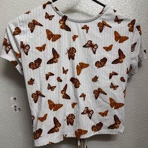 Faded Rose Cross-Strap/Open-Back Butterfly Print Crop Top